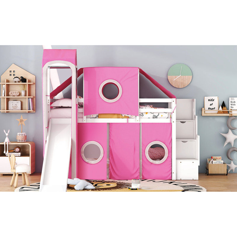 Lit mezzanine simple rose avec tente et tour, fait de pin massif, - Style de conception, construction spacieuse sous la taille, fenêtre inspirée, espace semi-fermé