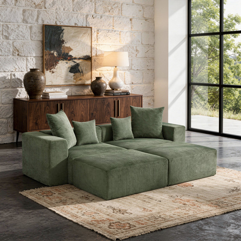 4-Piece Upholstered Green Corduroy Modular Sectional Sofa with Movable Ottoman – Fully Compressed, No Assembly Required
