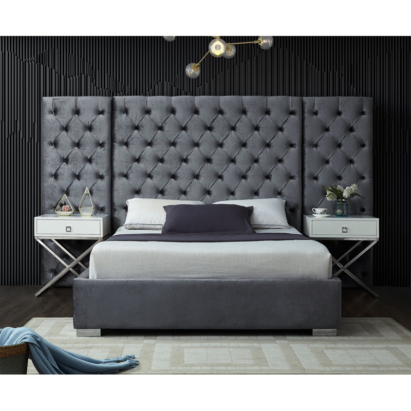 Lit plateforme capitonné, Grand, Velours gris