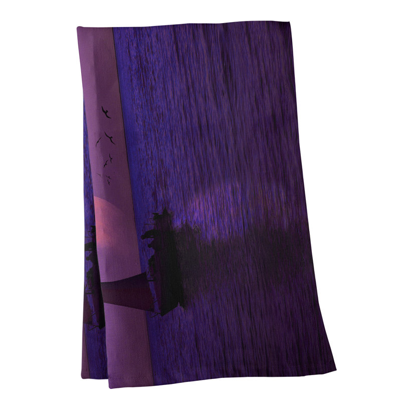 Serviette de thé lune et voilier, Polyester sergé, Mauve