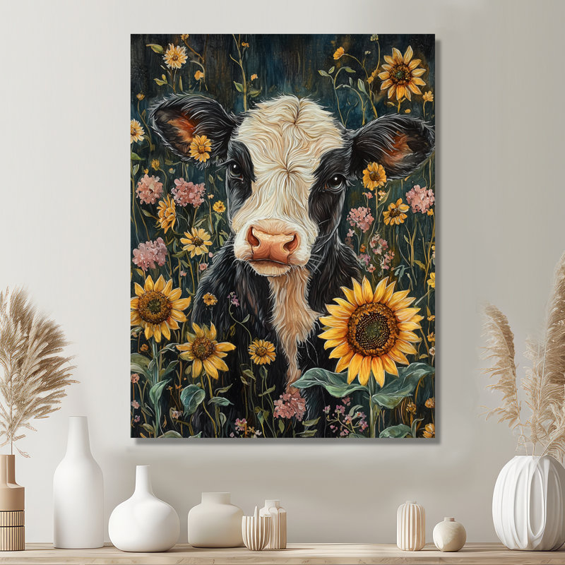 Vache peignant avec pivoines - art mural en métal pour salon, H 32 po x l 16 po