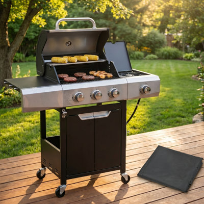 3-Burner Propane Gas Grill with Side Burner, 40,500 BTU, 376 sq.in. Stainless Steel Grate, Warming Rack, Storage Cabinet, Lockable Wheels