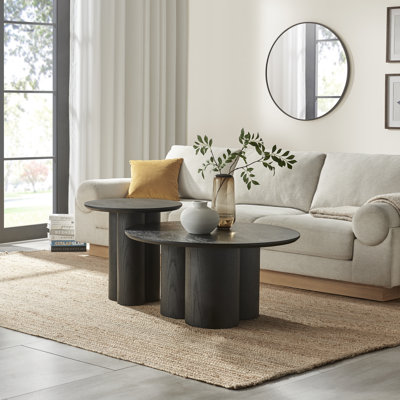 Delshawn Pebble Shaped Pillar Legged Round Veneer Wood Coffee Table - Luxury Scandi Style