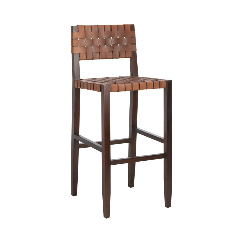 Solid Wood & Woven Pattern Cognac Leather Bar Stool - Handcrafted Modern Chair for Kitchen or Bar