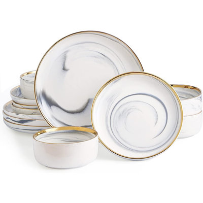 Ensemble de vaisselle à bordures en marbre doré, assiette et bol en porcelaine, ensemble de 12 pièces pour 4 personnes, vaisselle en porcelaine blanche, idéale pour les occasions spéciales, lavage rapide à la main