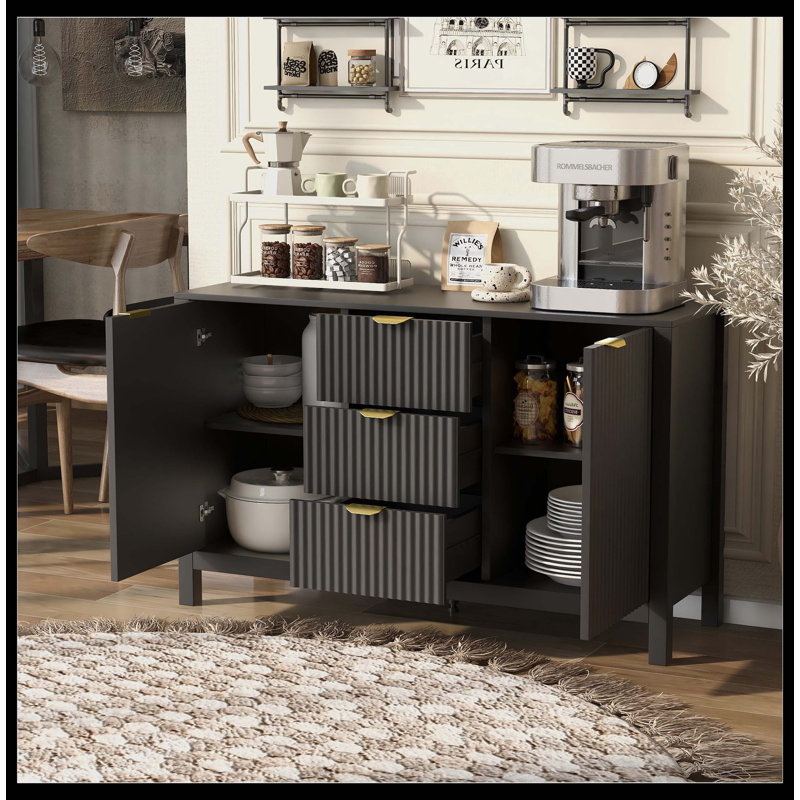 Buffet à motif ondulé - 3 tablettes réglables, 3 tiroirs et portes à fermeture en douceur, console de rangement avec poignées en métal, convient pour le bureau, le couloir et le salon, 3 couleurs