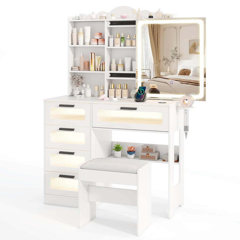  Bureau de coiffeuse moderne avec miroir coulissant et tabouret à 5 tiroirs avec rangement ouvert 