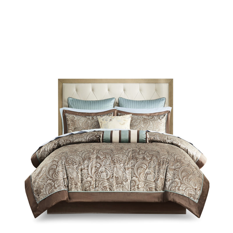 Lit king size 12 pièces - Bleu/brun avec des draps en coton doux et un motif cachemire tendance