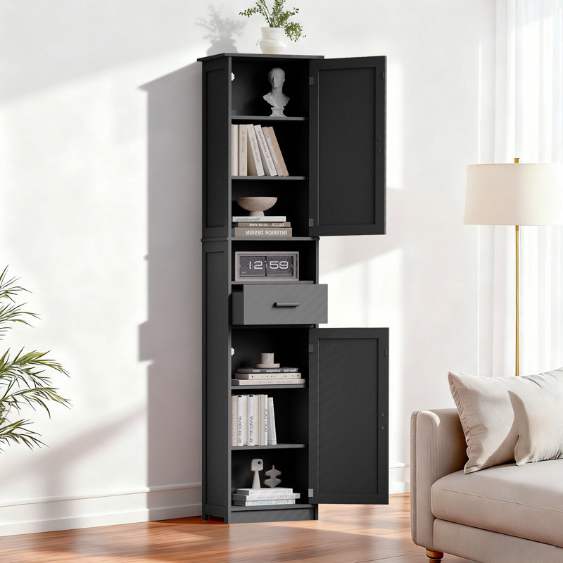 Tall Bathroom Storage Cabinet, Narrow Slim Freestanding Floor Cabinet With Adjustable Shelves For Home Office, Bathroom, Living Room, Entryway, Kitchen, Small Spaces, Black