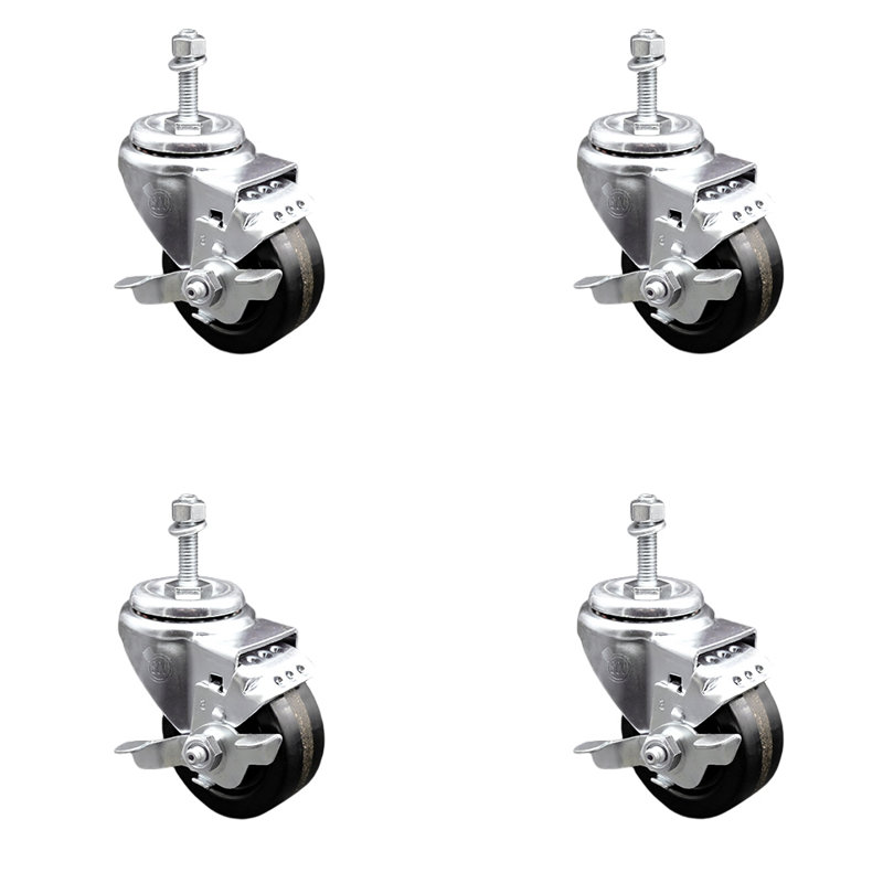 Ensemble de roulettes à tige filetée pivotante de 3 po avec roues filetées de 3/8 po avec frein SCC