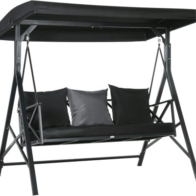 3 Garden Swing With Canopy And Cushions, Black For Outdoor Enjoyment Seat Pad Backyard,