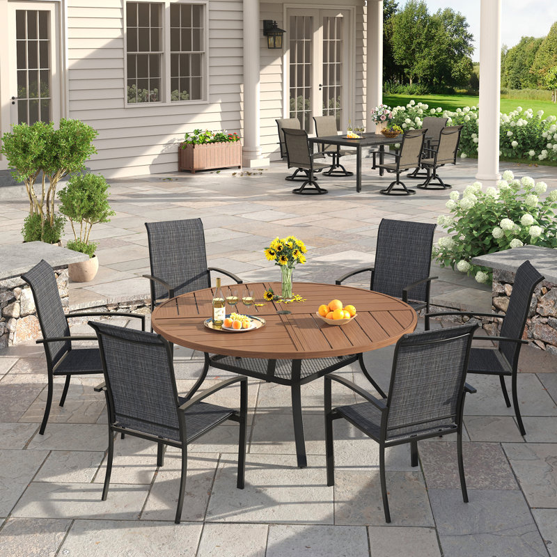 Outdoor 47" Round 6-Person Dining Set With Stackable Textilene Chairs, Brush Wood Brown/Black