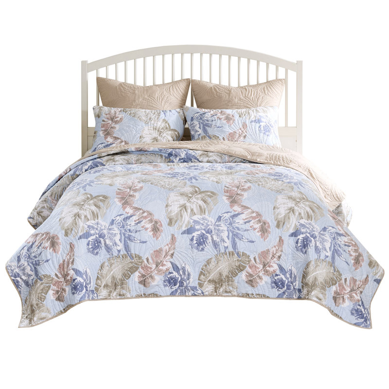 Mist Blue and Khaki Reversible Microfiber Full Quilt Set