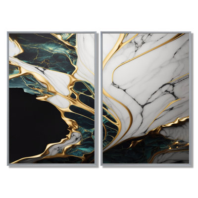 Abstract Geode Gold And Green Marble - Abstract Marble Canvas Art, Green Abstract Wall Art 2 Piece