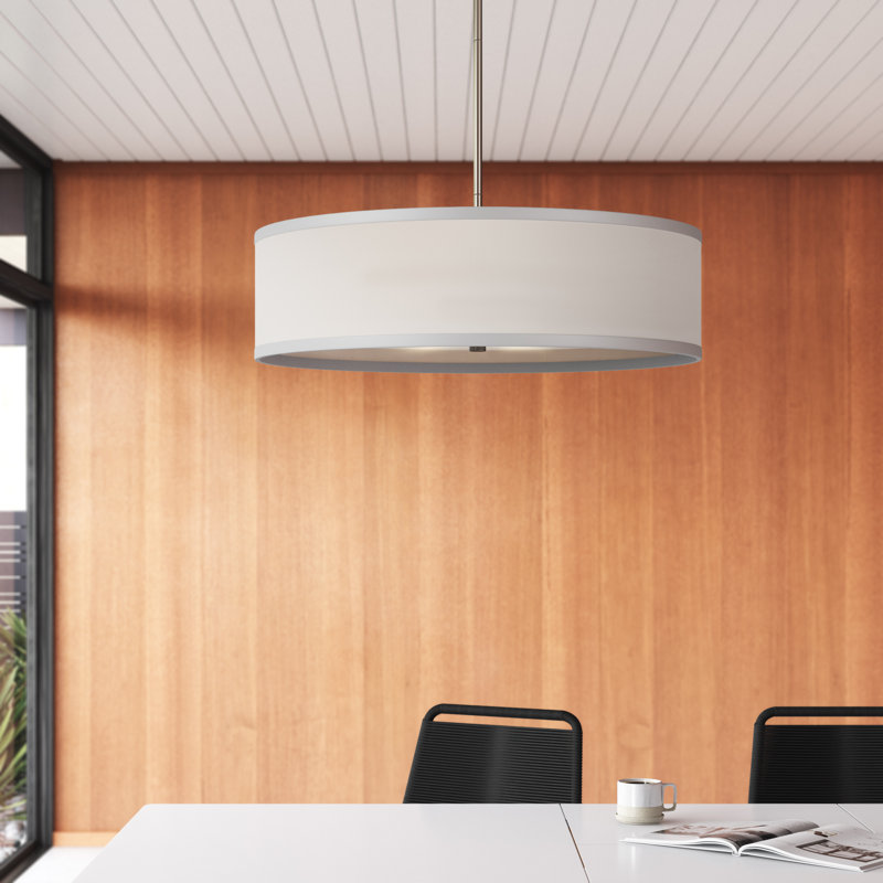 Lustre tambour 5 lumières à abat-jour, Nickel brossé