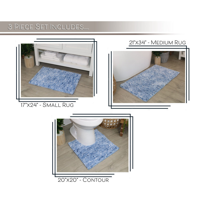 Cloud Comfort 100% Polyester Microfiber Bath Rug Set, Soft Shaggy & Machine Wash Bath Rug - 3Pc Set, Blue