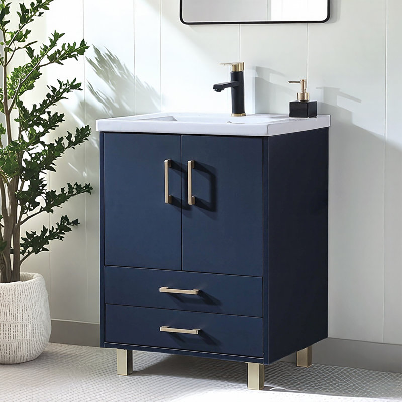 24"Modern Navy Blue Free-standing Bathroom Vanity with Ceramic  Sink with 2 Soft-Close Storage Drawers 