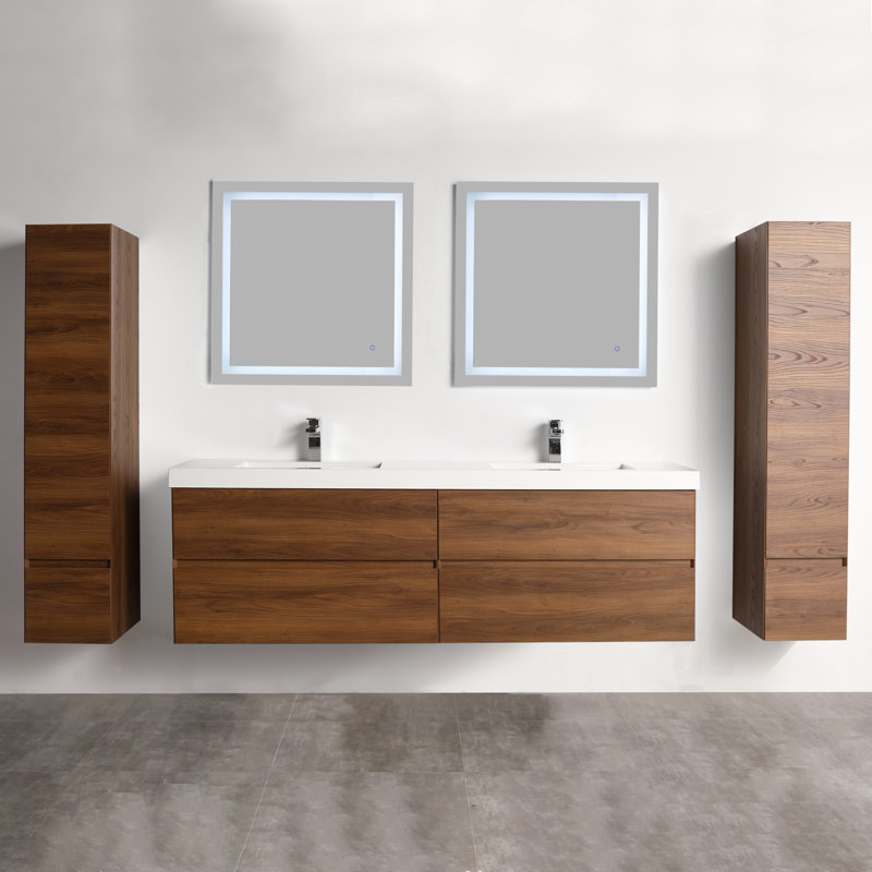72 Inch Floating Double Bathroom Vanity with Sink – Wall-Mounted Modern Wood Cabinet with Acrylic Top & Soft-Close Drawers for Contemporary Bathrooms