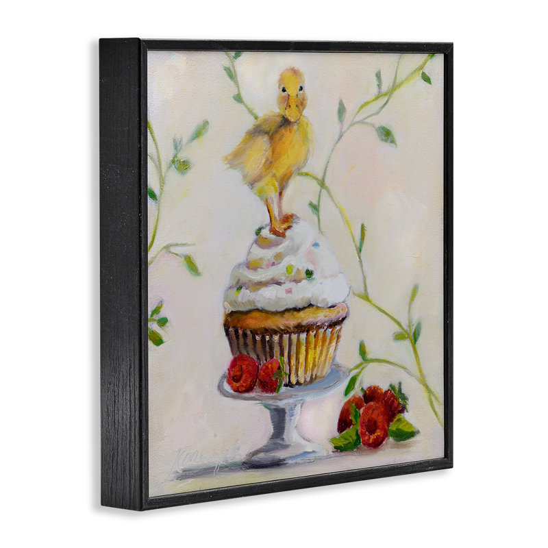 «Baby Duck on Raspberry Cupcake Dessert», reproduction d'art graphique, H 24 po x l 24 po, Giclée encadrée noir minuit