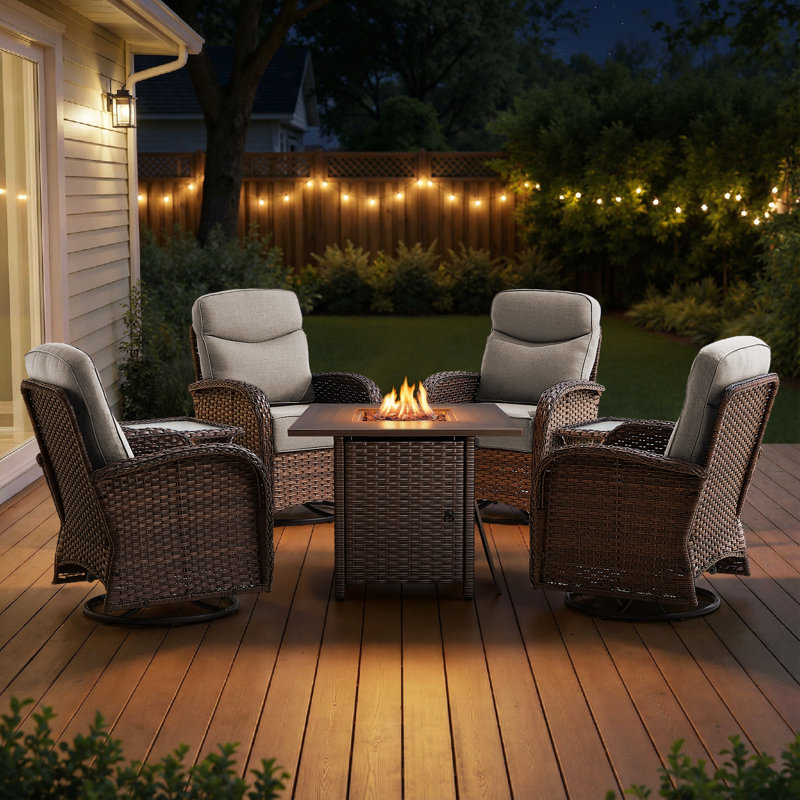 Outdoor Wicker Nighttime Chat Swivel Chair Conversation Set With Side Tables And Fire Pit Table, Beige