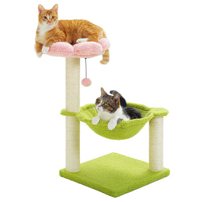 28" Cat Tower With Cozy Flower Perch, Large Hammock With 2 Replaceable Compostable Scoop