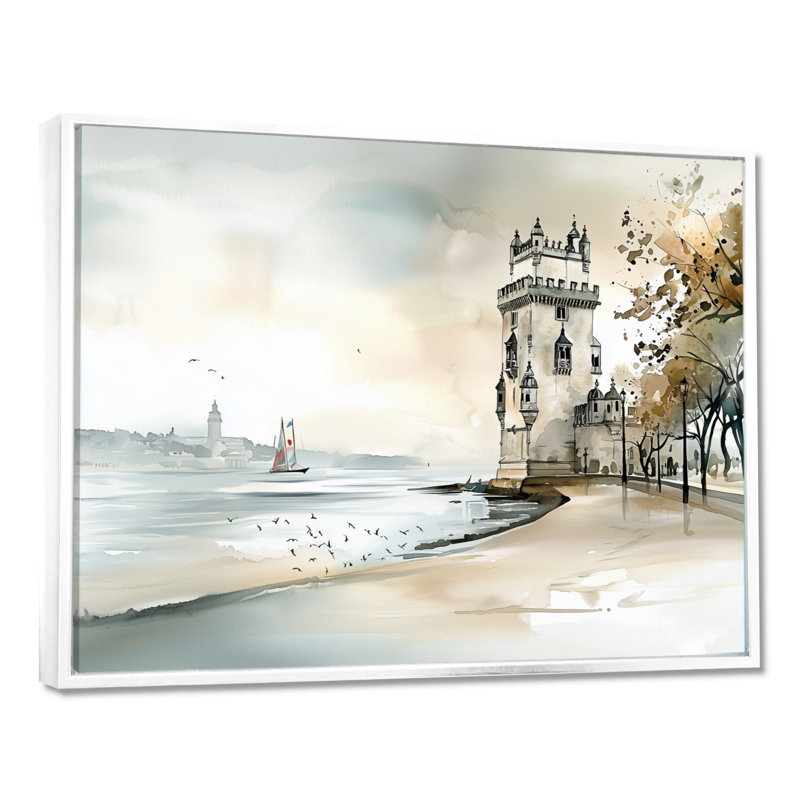 Belm Tower In Portugal - Portugal, art mural pour le salon, H 34 po x l 44 po, Cadre flottant blanc
