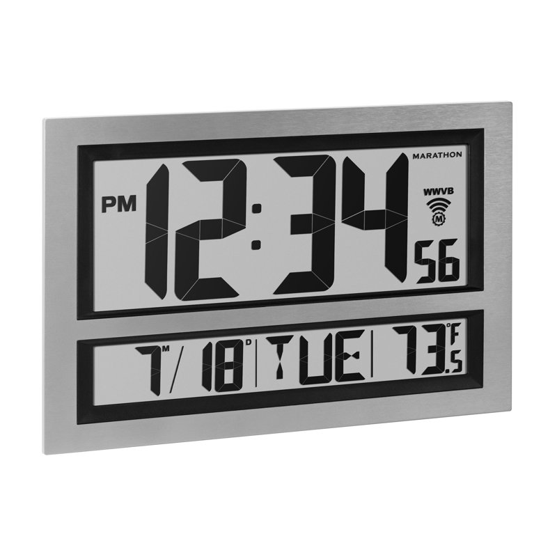 Commercial Grade Jumbo Atomic Wall Clock with 8 Time Zones, Indoor Temperature and Date, Silver
