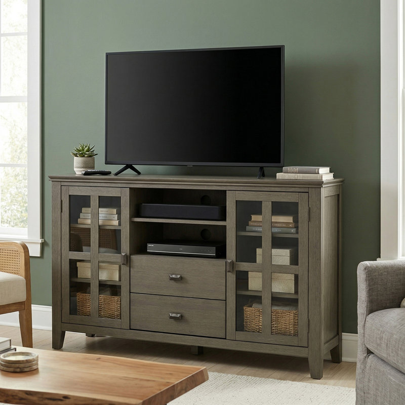 Meuble télé haut en bois massif Artisan, Gris champêtre