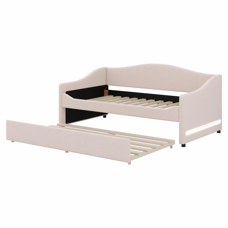 Lit de jour rembourré avec lumière et lit gigogne, Beige, Lit simple