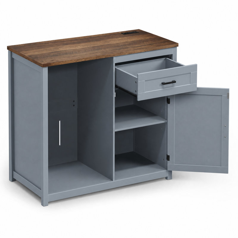 Îlot de cuisine de 41,7 po avec mini-réfrigérateur et armoire à café avec prise de courant intégrée, L 41,7 po, Bleu