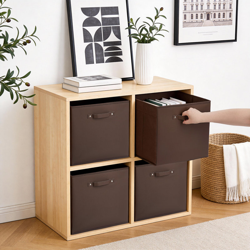 6PCS Brown 13 Inch Fabric Storage Bins with Faux Leather Handles, Foldable Cube Organizer Baskets for Shelves and Closet Collapsible Storage Boxes for Clothes Toys