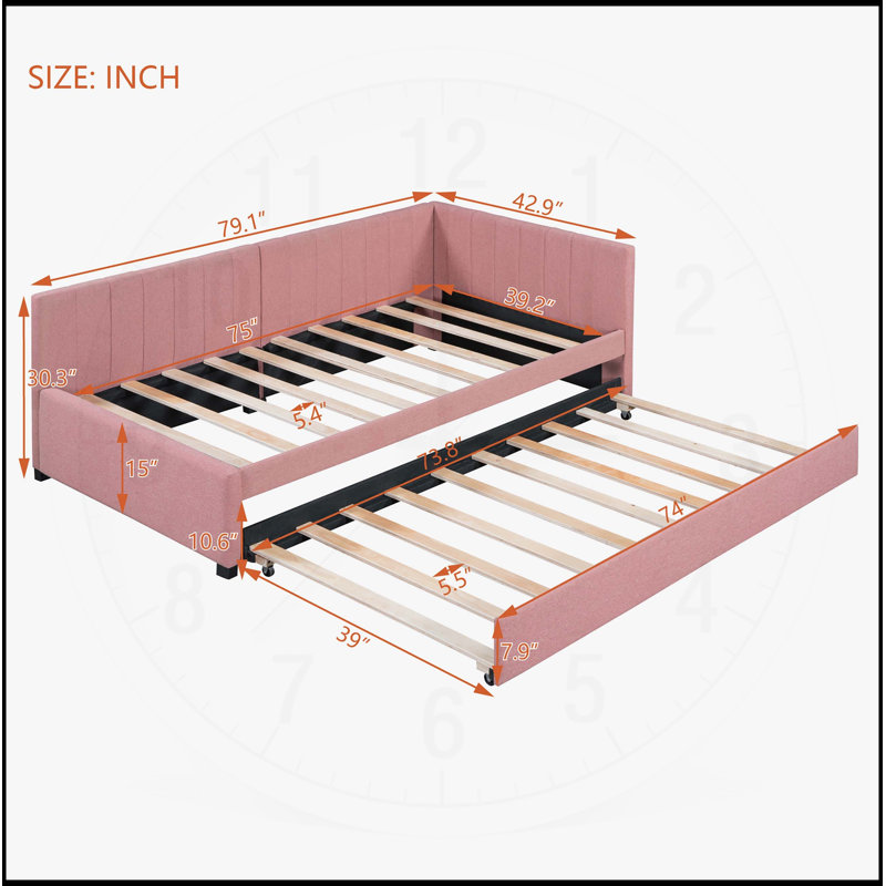  Upholstered Daybed with Trundle, No Box Spring Needed, Linen Fabric for Modern and Functional Living, Twin, Pink
