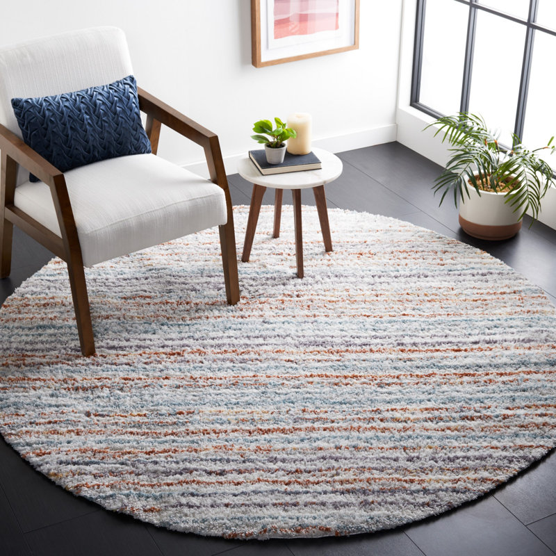 Striped Blue Rust/Ivory Area Rug, Round 7'