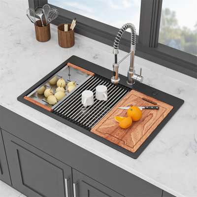 Quartz Kitchen Sink - 33" X 22" X 9.65" Black Granite Composite Double Bowl (60/40) Workstation Topmount Drop-In Kitchen Sink