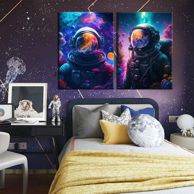 Cool Astronaut Wall Art Abstract Retro Spaceman In The Ocean Poster Picture Colorful Fantastic Universe Space Painting Prints Surrealism Planets Cosmos Artwork For Bedroom Canvas Decor Framed