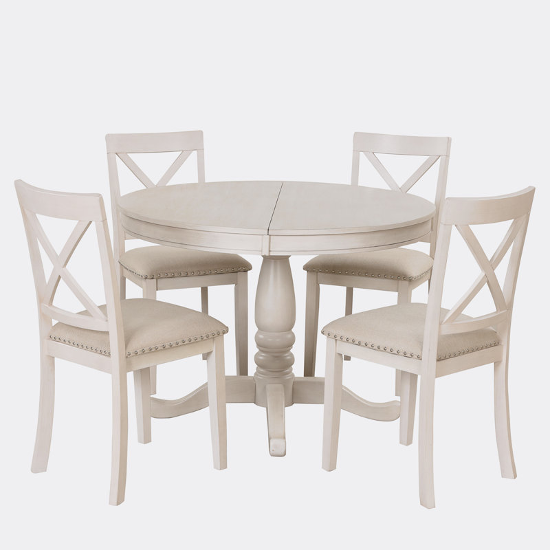 Antique White Round Pedestal Dining Set with 4 Chairs