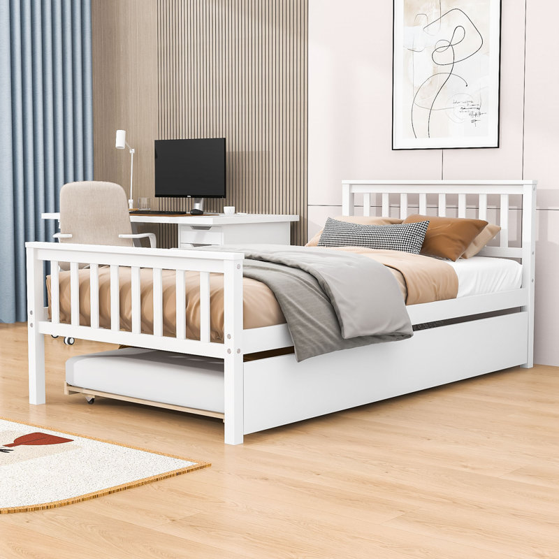 Lit plateforme simple en bois avec lit gigogne simple, Blanc