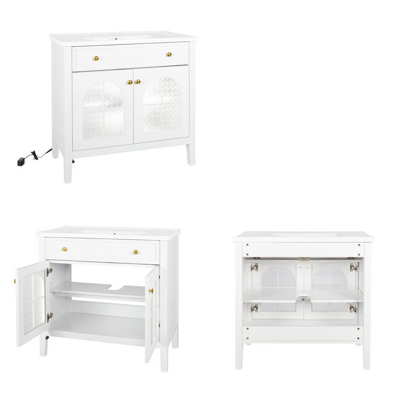 Meuble-lavabo blanc 36 po avec lavabo en céramique, lumière DEL à capteur de mouvement et portes en verre à motifs, White