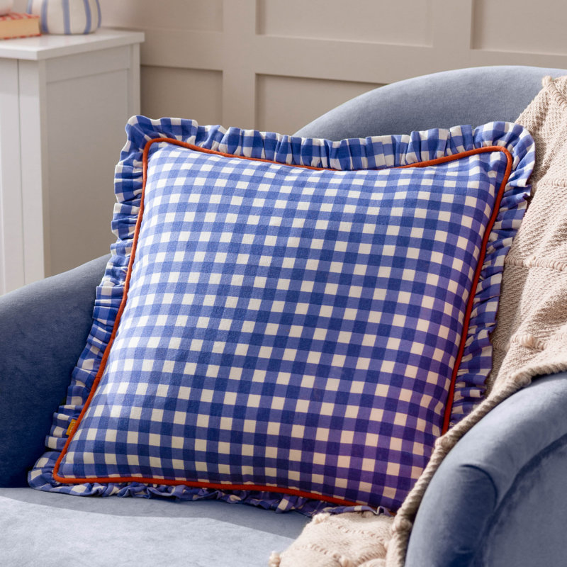 Maude Gingham Cotton Piped Cushion, Pillow Cover Only - No Insert, Pink