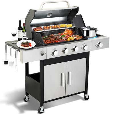 Barbecue au gaz propane à 4 brûleurs avec brûleur latéral, sortie 46790BTU avec grilles de cuisson en fonte émaillée pour barbecue extérieur, acier inoxydable