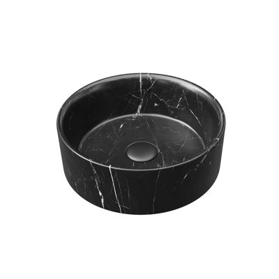 Lavabo de salle de bain rond 14 po en céramique avec motif de pierre, sans robinet, sans armoire, noir mat