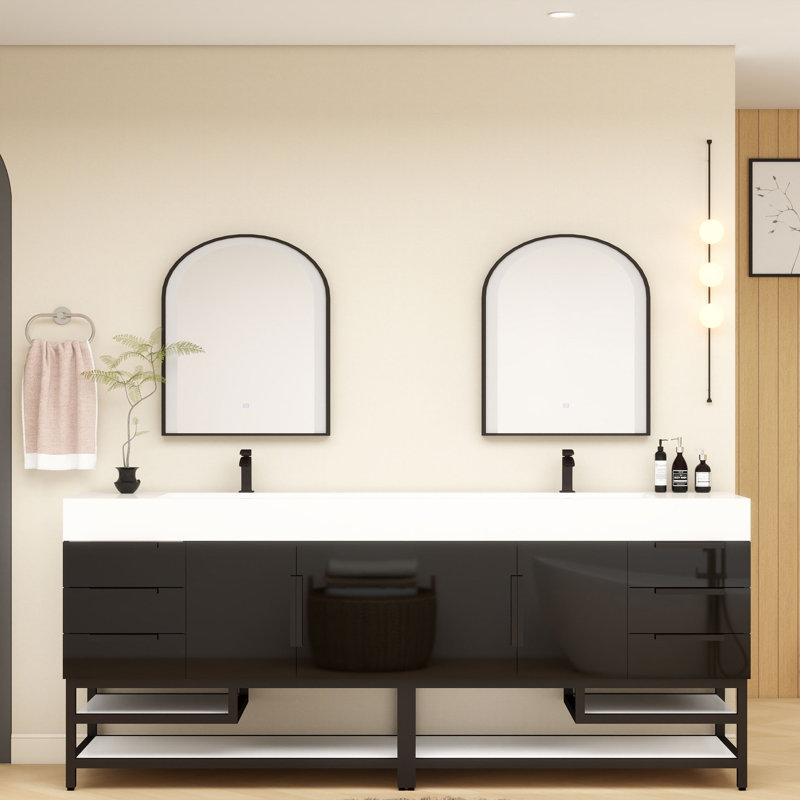 Finition du meuble-lavabo sur pied simple 84 po Jessica / Base: Chêne teck, Noir brillant
