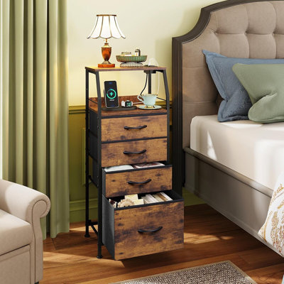 4 Drawer Dresser For Bedroom, 37" H Nightstand With Charging Station And Led Light, Tall Night Stand Bed Side Table, End Table With USB Ports And Outlets, Fabric Bins, Wood Shelf, Rustic Brown