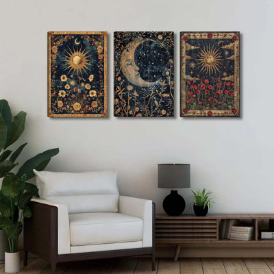 3 pièces soleil et lune toile céleste art mural Tarot Croissant de lune photo décoration murale fleurs sauvages gothiques, impression d'affiches, Esthétique foncé Académie Vibe pour chambre à coucher (16 x 24 po)