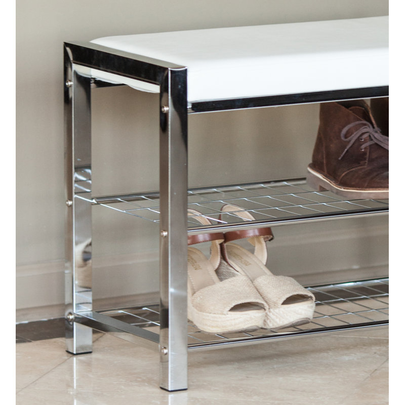 Chafic Faux Leather Upholstered Shoe Storage Bench, White/Chrome