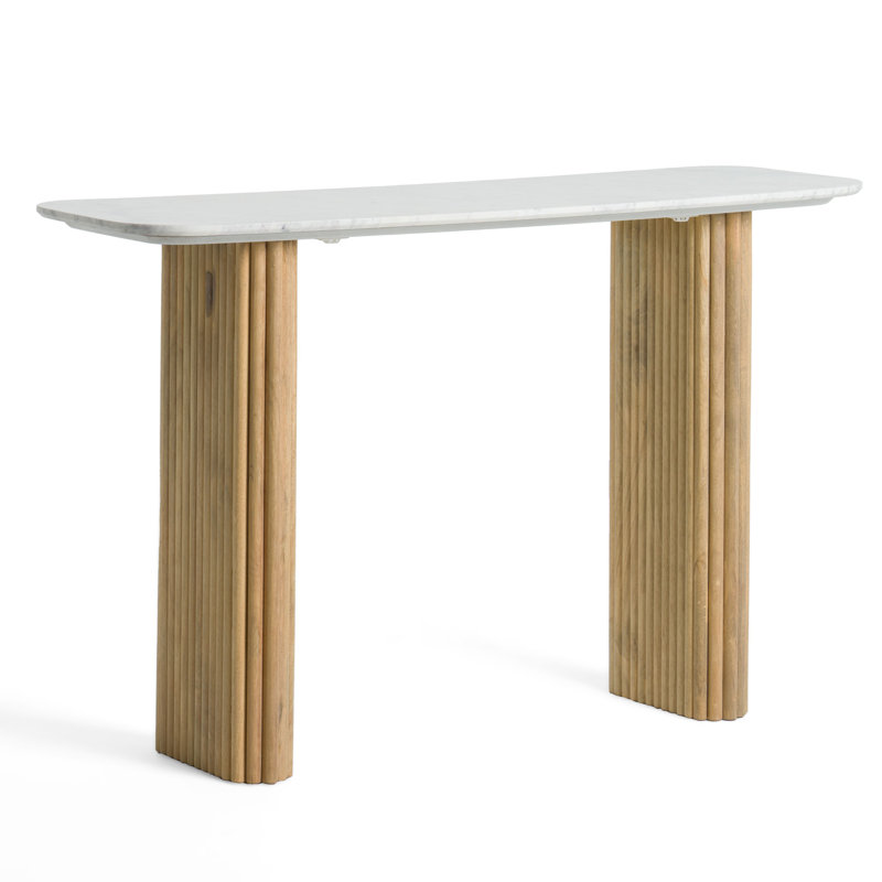 Cid Jolie Sofa Console Table, 47 Inch Carrara Marble Top, Fluted Mango Wood Body