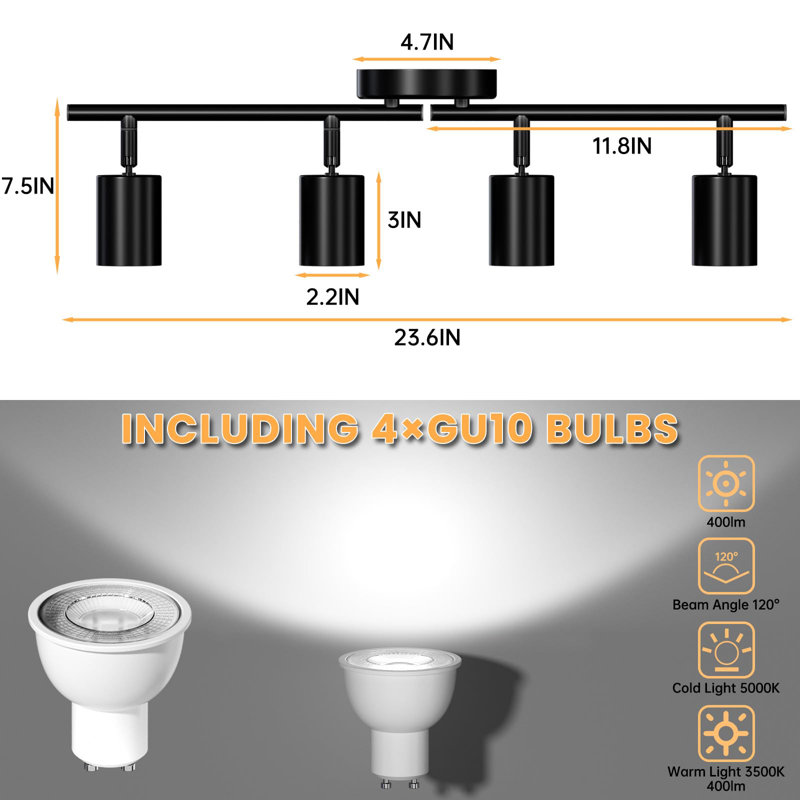 4-Light Modern Track Lighting Fixture with Flexibly Rotatable Light Heads, GU10 Bulbs Included
