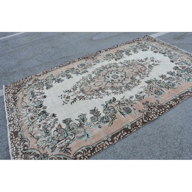 Tapis Oushak turc fait à la main - tapis antique rétro pour le salon ou décor boho bleu / rose