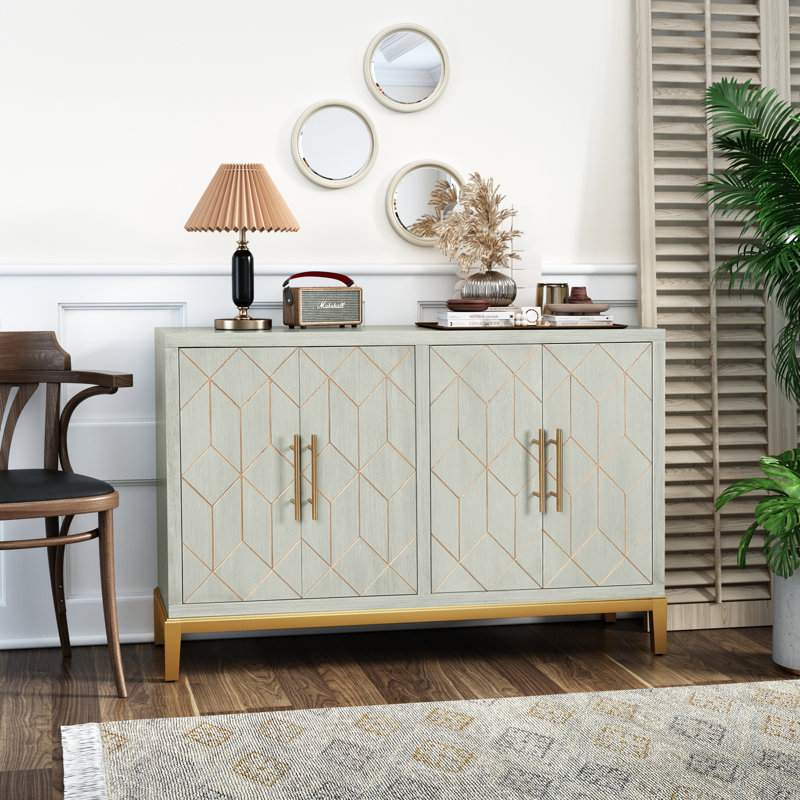 4 Doors Sideboard Buffet Cabinet with Gold Trim, Green, Green