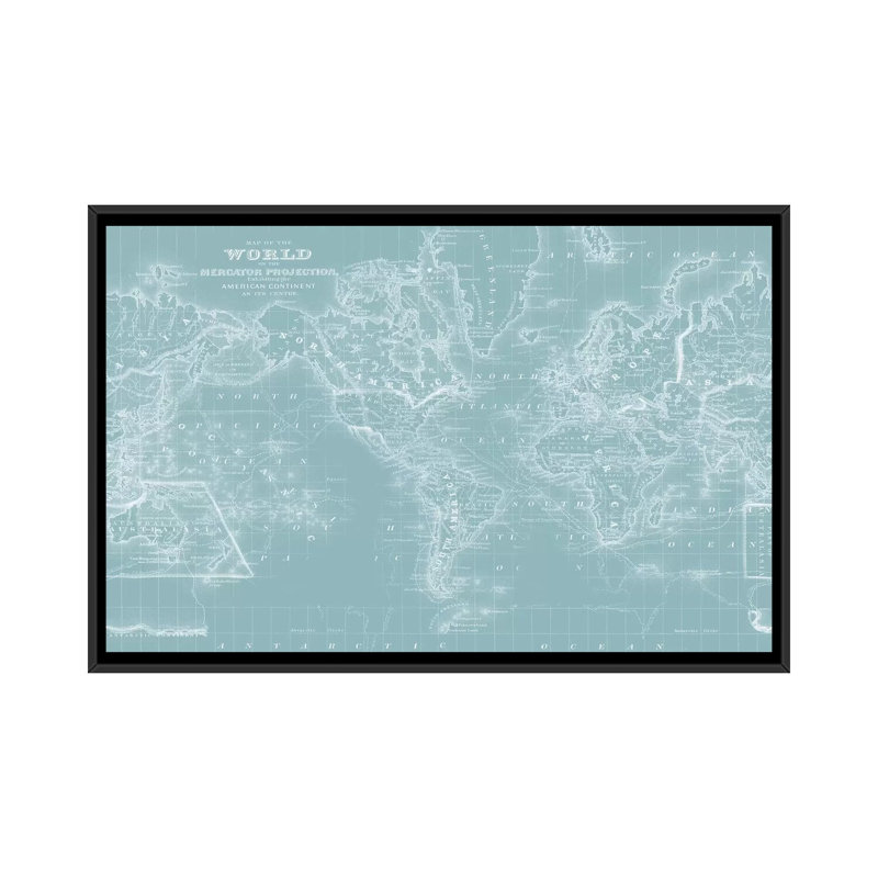 « world map on aqua », impression sur toile, H 18 po x l 26 po x P 1,5 po, Toile avec cadre noir, Pas de tapis